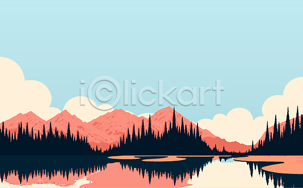 사람없음 AI(파일형식) 일러스트 구름(자연) 나무 반사 백그라운드 분홍색 산 자연 카피스페이스 파란색 풍경(경치) 하늘 호수