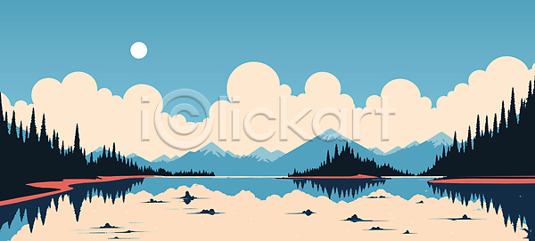 사람없음 AI(파일형식) 일러스트 구름(자연) 나무 반사 백그라운드 산 자연 카피스페이스 태양 파란색 풍경(경치) 하늘 호수