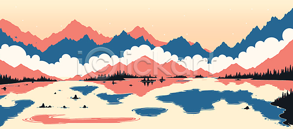 사람없음 AI(파일형식) 일러스트 나무 물결 반사 백그라운드 분홍색 산 자연 카피스페이스 파란색 풍경(경치) 하늘 호수