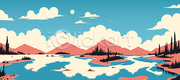사람없음 AI(파일형식) 일러스트 구름(자연) 나무 반사 백그라운드 분홍색 산 자연 카피스페이스 태양 파란색 풍경(경치) 하늘 호수