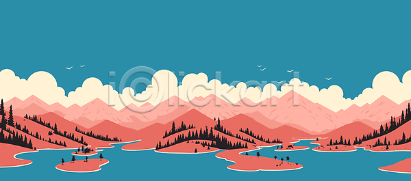 사람없음 AI(파일형식) 일러스트 구름(자연) 나무 백그라운드 분홍색 산 자연 조류 카피스페이스 파란색 풍경(경치) 하늘 호수