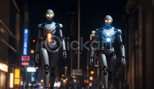 미래 사람없음 JPG 편집이미지 AI(인공지능) SF 거리 걷기 로봇 야간 야외 휴머노이드