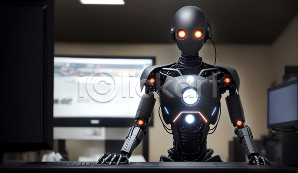 미래 사람없음 JPG 편집이미지 AI(인공지능) SF 로봇 모니터 비즈니스 사무실 실내 업무 휴머노이드