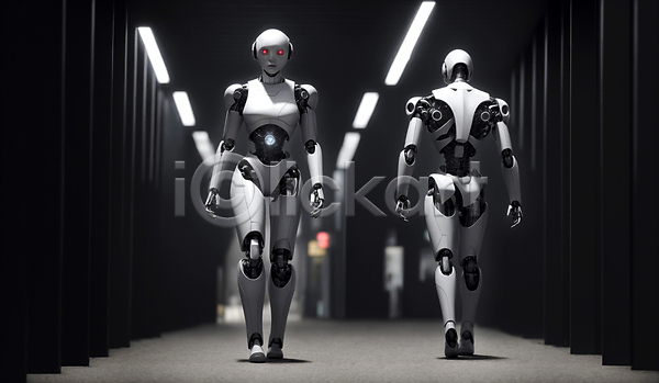 미래 사람없음 JPG 편집이미지 AI(인공지능) SF 걷기 로봇 복도 실내 휴머노이드