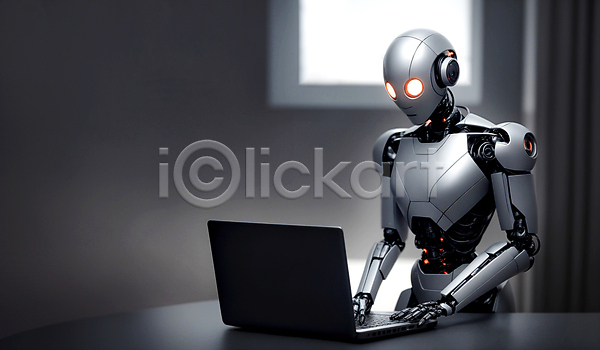미래 사람없음 JPG 편집이미지 AI(인공지능) SF 노트북 로봇 비즈니스 실내 업무 타이핑 휴머노이드