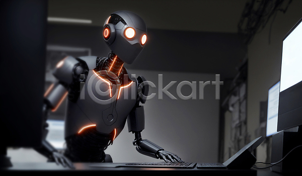 미래 사람없음 JPG 편집이미지 AI(인공지능) SF 로봇 비즈니스 사무실 실내 업무 타이핑 휴머노이드