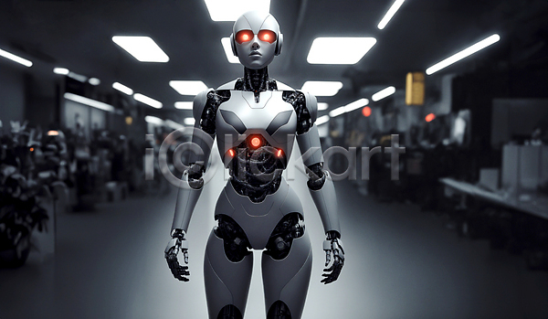 미래 사람없음 JPG 편집이미지 AI(인공지능) SF 로봇 사무실 서기 실내 전등 휴머노이드