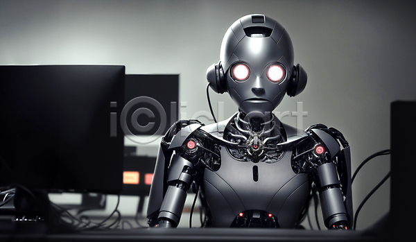 미래 사람없음 JPG 편집이미지 AI(인공지능) SF 로봇 모니터 사무실 실내 앉기 휴머노이드