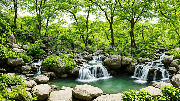사람없음 JPG 디지털합성 편집이미지 계곡 나무 돌(바위) 물 숲 숲속 야외 자연 주간 폭포 풀(식물) 풍경(경치)