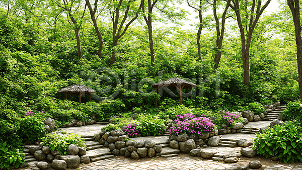사람없음 JPG 디지털합성 편집이미지 계단 꽃 나무 돌(바위) 산책로 숲 숲속 야외 자연 정자(건축물) 주간 풀(식물) 풍경(경치) 휴식처
