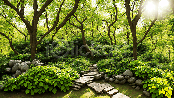 사람없음 JPG 디지털합성 편집이미지 계단 나무 돌(바위) 산책로 숲 숲속 야외 자연 주간 풀(식물) 풍경(경치) 햇빛