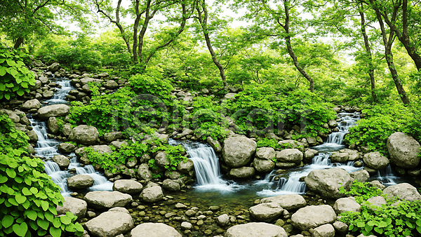 사람없음 JPG 디지털합성 편집이미지 계곡 나무 돌(바위) 물 숲 숲속 야외 자연 주간 폭포 풀(식물) 풍경(경치)