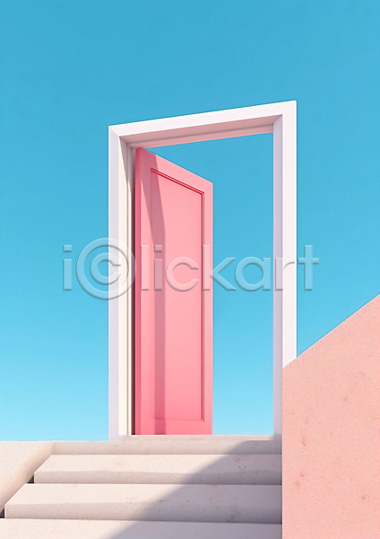 사람없음 3D JPG 디지털합성 편집이미지 계단 그래픽 문 분홍색 오픈 하늘 하늘색