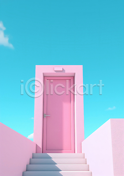 사람없음 3D JPG 디지털합성 편집이미지 계단 구름(자연) 그래픽 문 분홍색 하늘 하늘색