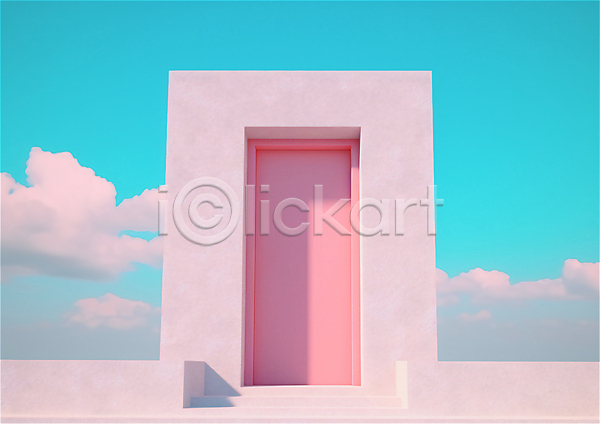 사람없음 3D JPG 디지털합성 편집이미지 계단 구름(자연) 그래픽 문 벽 분홍색 하늘 하늘색