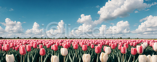 사람없음 JPG 디지털합성 편집이미지 구름(자연) 꽃 꽃밭 야외 자연 튤립 편집소스 풍경(경치) 하늘