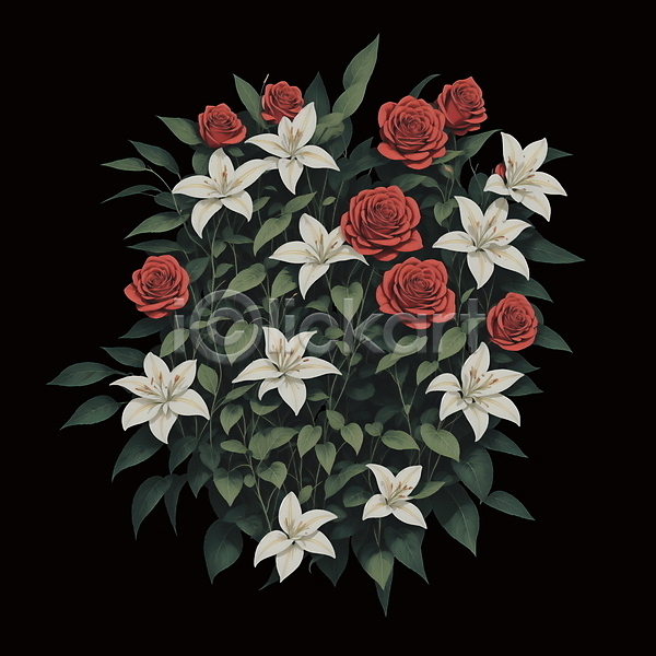 빈티지 사람없음 PSD 일러스트 꽃 백합(꽃) 복고 빨간색 식물 오브제 잎 장미 초록색 흰색