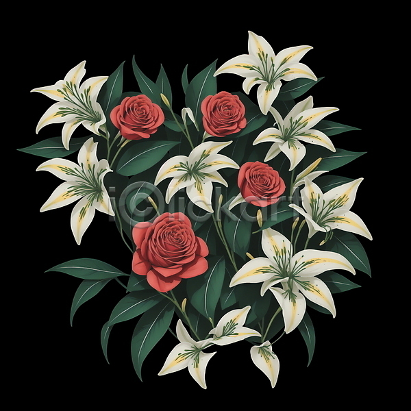 빈티지 사람없음 PSD 일러스트 꽃 백합(꽃) 복고 빨간색 식물 오브제 잎 장미 초록색 흰색