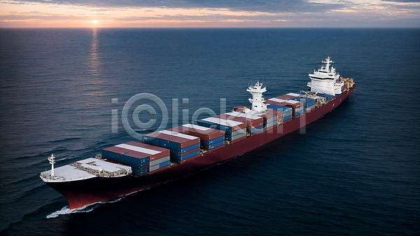 사람없음 PSD 디지털합성 편집이미지 노을 무역 바다 배(교통) 야외 운송업 컨테이너 컨테이너상자 편집소스 항해 화물선