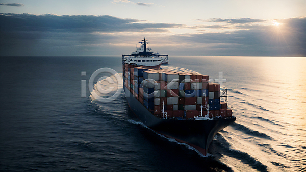 사람없음 PSD 디지털합성 편집이미지 구름(자연) 노을 무역 바다 배(교통) 야외 운송업 컨테이너 컨테이너상자 편집소스 항해 화물선