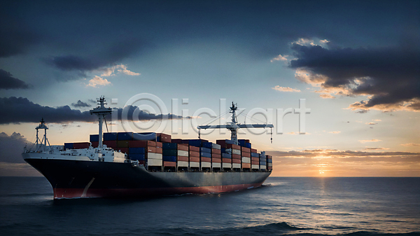 사람없음 PSD 디지털합성 편집이미지 구름(자연) 노을 무역 바다 배(교통) 야외 운송업 컨테이너 컨테이너상자 편집소스 항해 화물선
