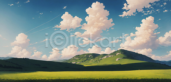 사람없음 PSD 디지털합성 일러스트 편집이미지 구름(자연) 산 산등성이 초록색 초원(자연) 편집소스 풍경(경치) 하늘 하늘색