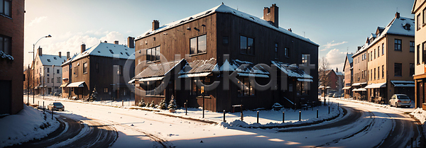 사람없음 JPG 디지털합성 편집이미지 건물 눈덮임 도로 도시 도시풍경 북유럽 스칸디나비아 야외 주간 편집소스 풍경(경치)