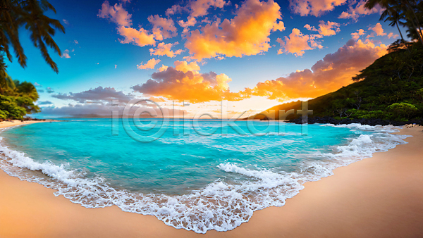 사람없음 JPG 편집이미지 구름(자연) 산 섬 일몰 자연 파도 풍경(경치) 하늘 하와이 해변 햇빛