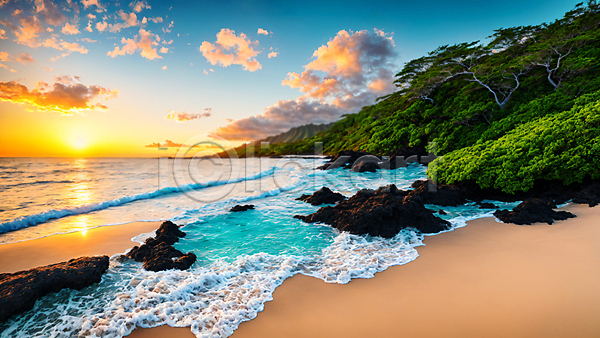 사람없음 JPG 편집이미지 구름(자연) 나무 노을 산 섬 일몰 자연 파도 풍경(경치) 하늘 하와이 해변 햇빛