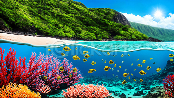 사람없음 JPG 편집이미지 구름(자연) 물결 바닷속 산 산호 섬 열대어 자연 주간 태양 풍경(경치) 하늘 하와이 해변 햇빛