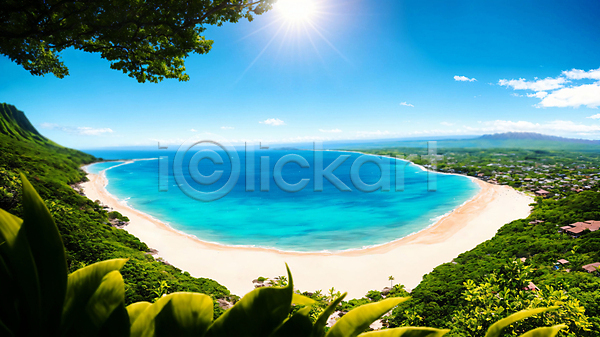 사람없음 JPG 편집이미지 구름(자연) 섬 자연 주간 태양 파도 풍경(경치) 하늘 하와이 해변 햇빛