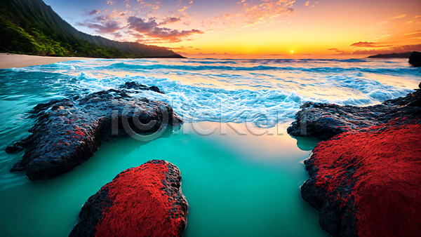 사람없음 JPG 편집이미지 구름(자연) 노을 바위(돌) 섬 일몰 자연 파도 풍경(경치) 하늘 하와이 해변 햇빛