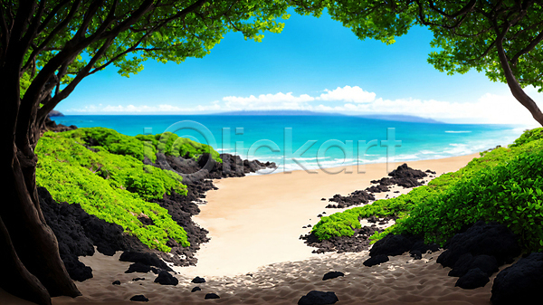 사람없음 JPG 편집이미지 구름(자연) 그늘 나무 나뭇가지 산 섬 자연 파도 풍경(경치) 하늘 하와이 해변 햇빛