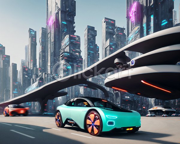 미래 사람없음 JPG 디지털합성 편집이미지 네온 도로 미래도시 미래자동차 빌딩 전기자동차 하늘