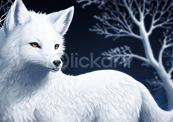 사람없음 JPG 일러스트 겨울 나무 동물 북극여우 숲 여우 한마리 흰색