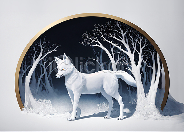 사람없음 JPG 일러스트 겨울 나무 동물 북극여우 숲 여우 프레임 한마리 흰색