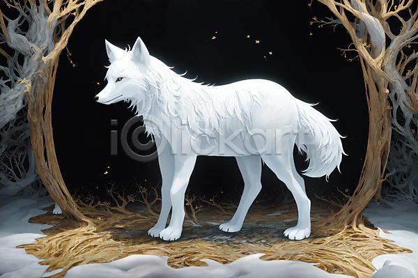 사람없음 JPG 일러스트 겨울 나무 동물 북극여우 숲 여우 프레임 한마리 흰색