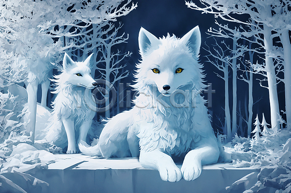 사람없음 JPG 일러스트 겨울 나무 동물 두마리 북극여우 숲 앉기 여우 파란색 흰색