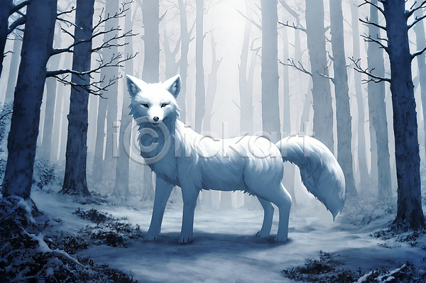사람없음 JPG 일러스트 겨울 나무 동물 북극여우 숲 여우 한마리 흰색