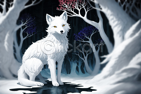사람없음 JPG 일러스트 겨울 나무 동물 반사 북극여우 숲 여우 한마리 흰색