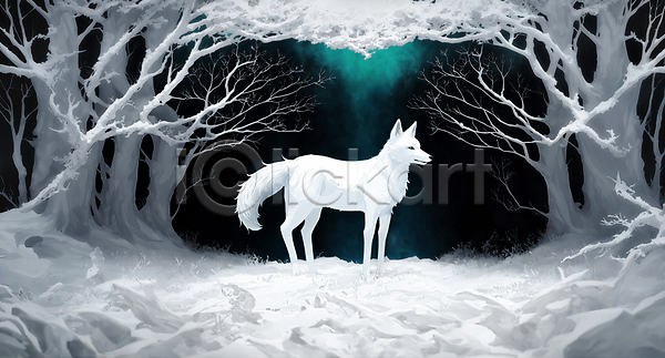 사람없음 JPG 일러스트 겨울 나무 동물 북극여우 빛 숲 여우 한마리 흰색