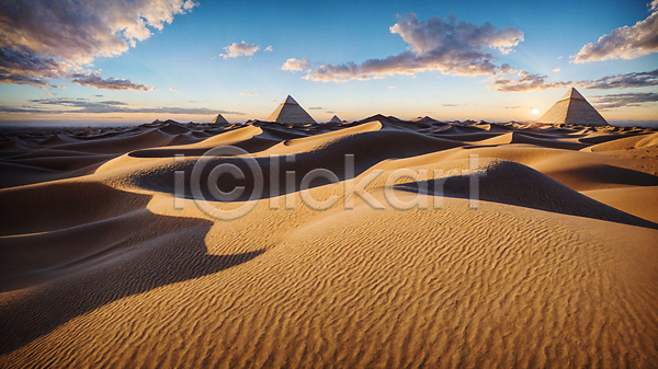 사람없음 JPG 디지털합성 편집이미지 구름(자연) 모래 모래언덕 사막 야외 주간 편집소스 풍경(경치) 피라미드 하늘