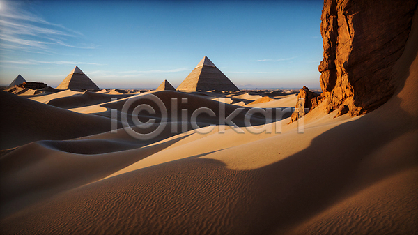 사람없음 JPG 디지털합성 편집이미지 모래 모래언덕 사막 야외 절벽 주간 편집소스 풍경(경치) 피라미드 하늘