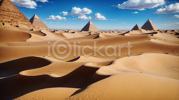 사람없음 JPG 디지털합성 편집이미지 구름(자연) 모래 모래언덕 사막 야외 주간 편집소스 풍경(경치) 피라미드 하늘