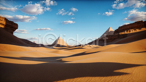 사람없음 JPG 디지털합성 편집이미지 구름(자연) 모래 모래언덕 사막 야외 절벽 주간 편집소스 풍경(경치) 피라미드 하늘