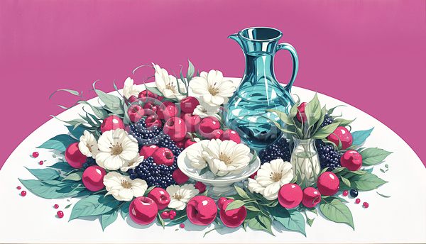 사람없음 JPG 일러스트 그릇 꽃 분홍색 블랙베리 사과 유리병 잎 정물화 체리 탁자