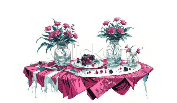 사람없음 JPG 일러스트 꽃병 분홍색 블랙베리 식탁보 유리병 정물화 체리 탁자