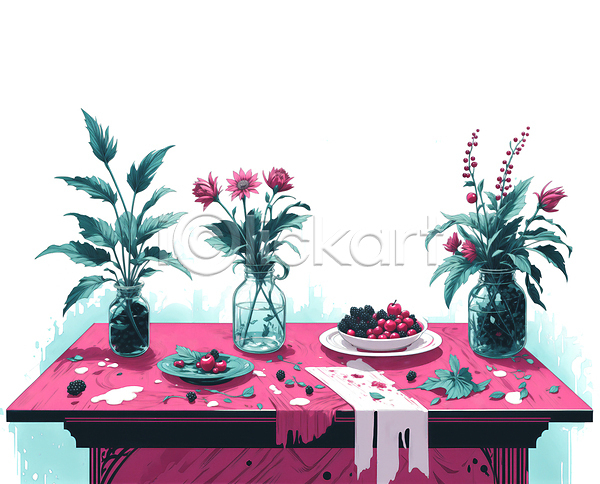 사람없음 JPG 일러스트 그릇 꽃병 분홍색 블랙베리 유리병 잎 접시 정물화 체리 탁자