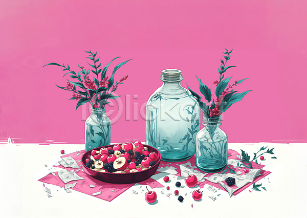 사람없음 JPG 일러스트 그릇 꽃병 분홍색 블랙베리 사과 유리병 잎 정물화 체리 탁자