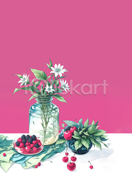 사람없음 JPG 일러스트 그릇 꽃병 분홍색 블랙베리 사과 유리병 잎 정물화 체리 탁자